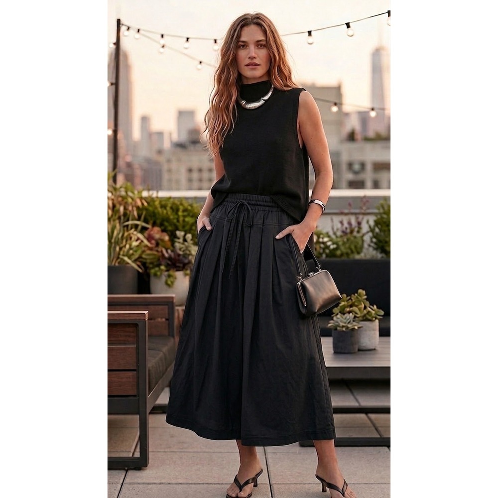 41 Hawthorn Tara Poplin Maxi Skirt Black Pleated Elastic Waist Womens XS